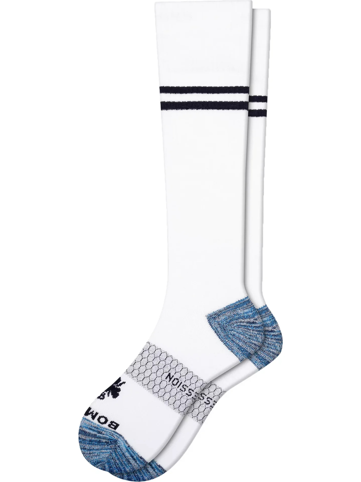 cotton compression socks from Bombas with black stripes on a white background