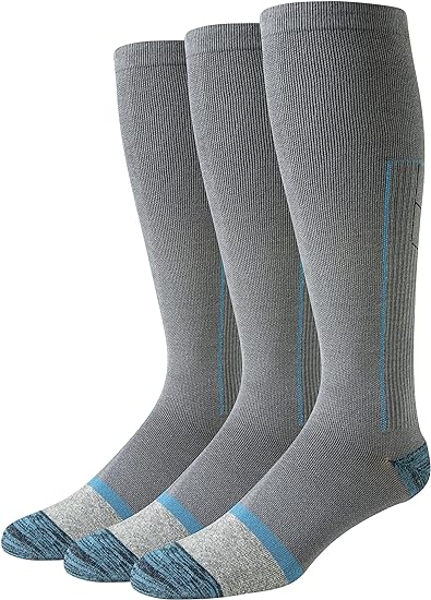 Grey cotton compression socks from Amazon on a white background
