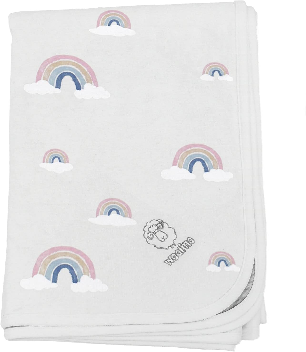 A merino wool toddler blanket with rainbows from Woolino