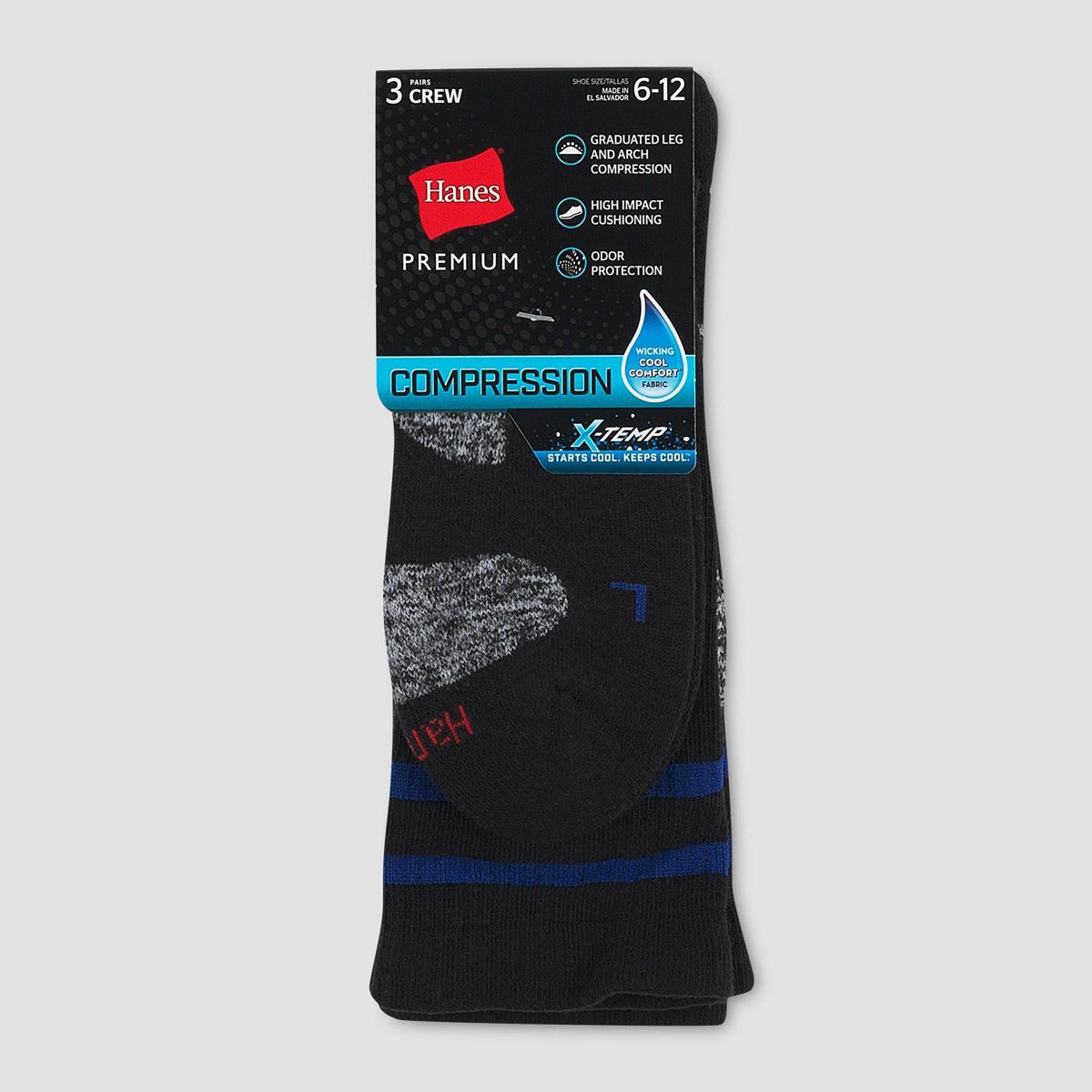 Black Hanes Cotton Compression socks in a 3-pack