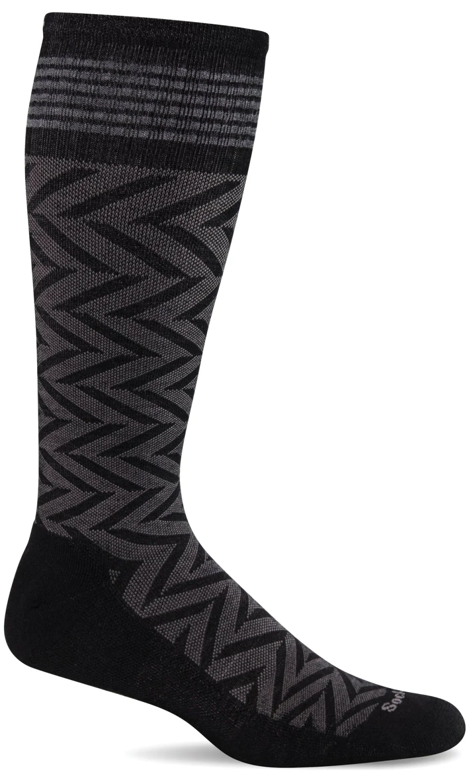 A pair of black men's bamboo compression socks with a zig-zag pattern from Sockwell