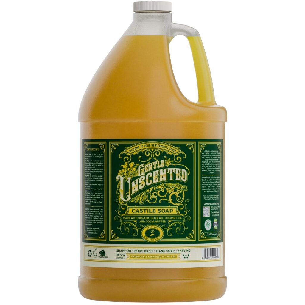 A large bottle of non toxic hand soap that is gentle and unscented, on a white background. 