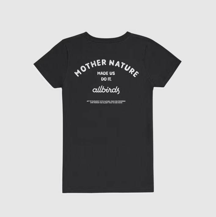 Women's Recycled Tee in Natural Black, reading "Mother Nature Made Us Do It, AllBirds"