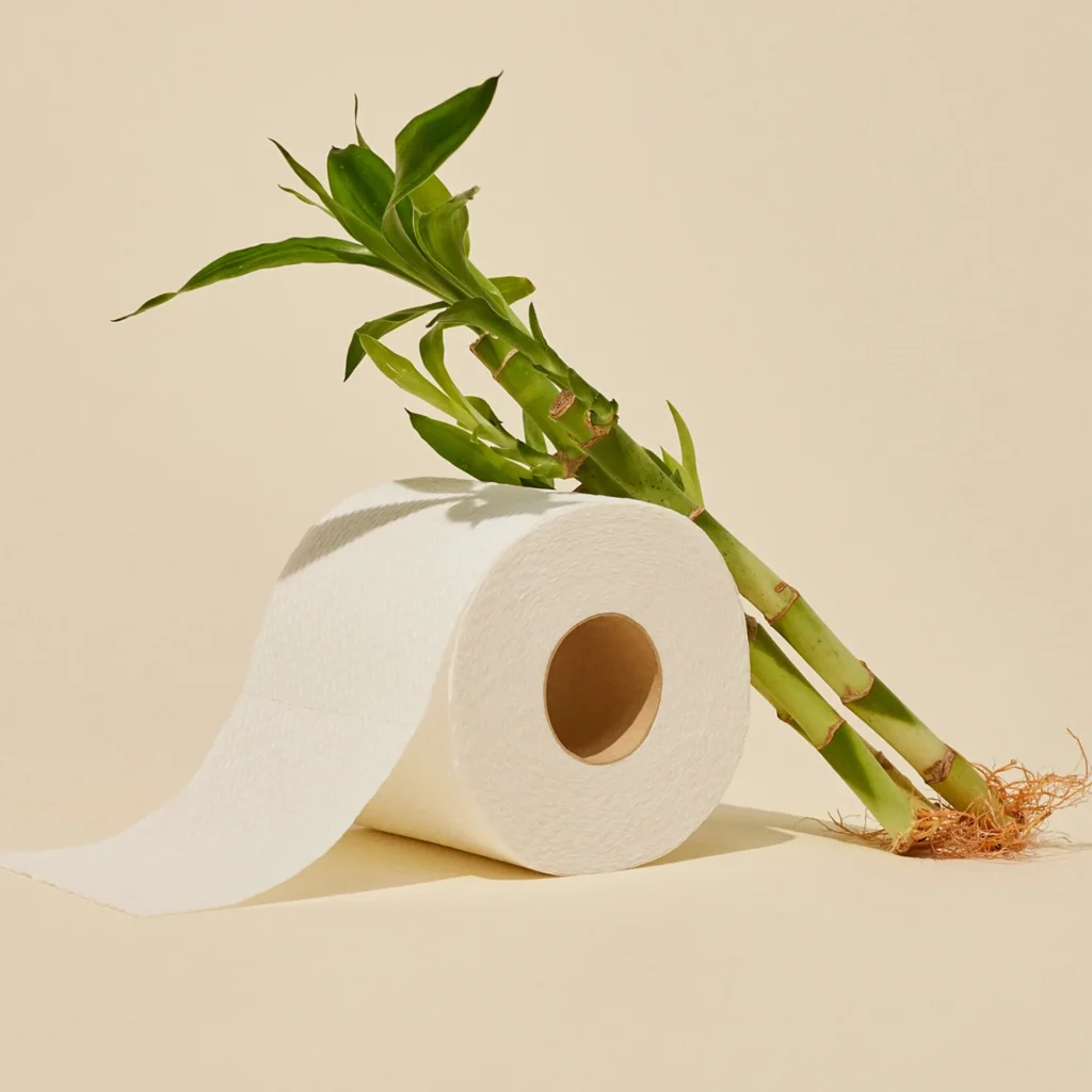 Reel Bamboo Toilet Paper shown with two bamboo stalks leaning against the roll 
