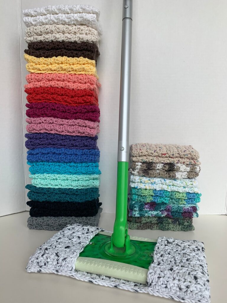 Cotton Textured Swiffer Covers: Eco-friendly Reusable Pads shown in a stack inside a closet 