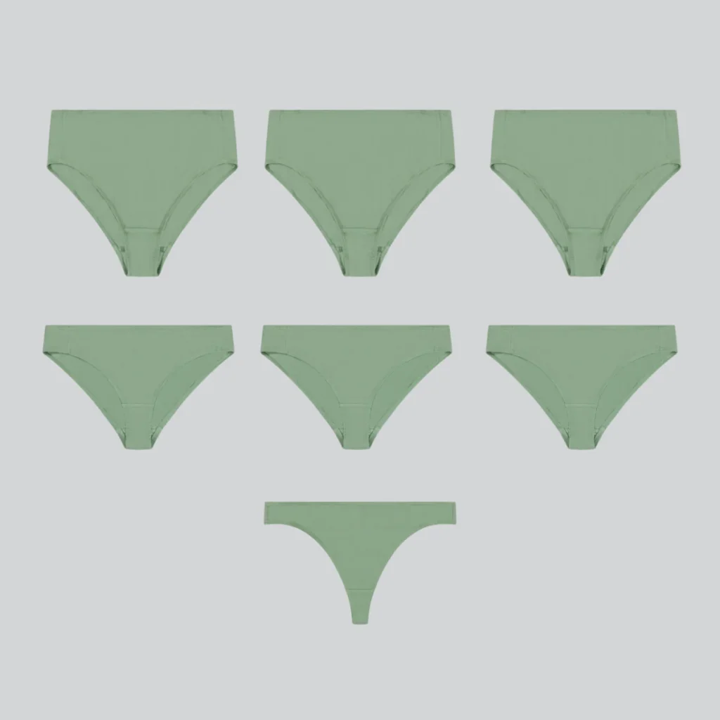 KENT's ethical cotton underwear for women shown in mint green and in three different cuts 