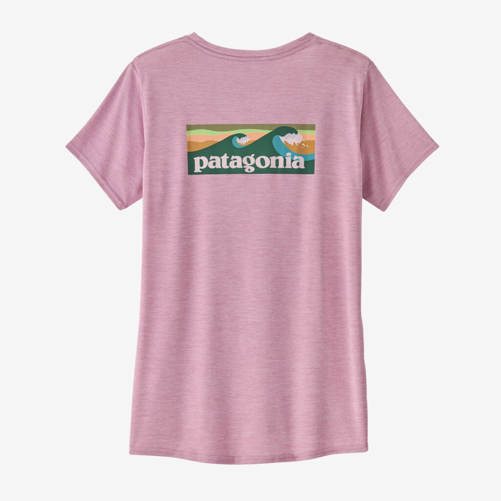 Experience eco-conscious style with the Women's Capilene Graphic Shirt in Milkweed Mauve X-Dye