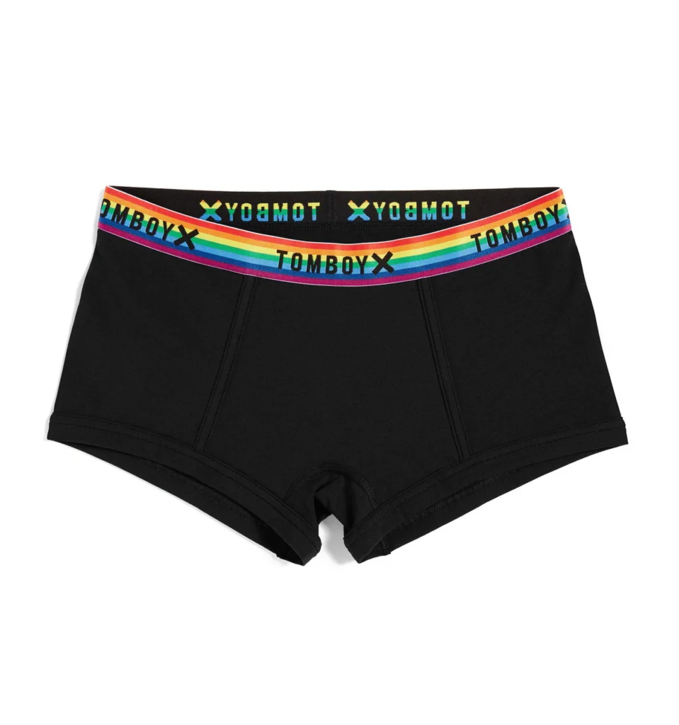 TomboyX: Women's Ethical Underwear with Comfort and Style shown in black with a rainbow waistband