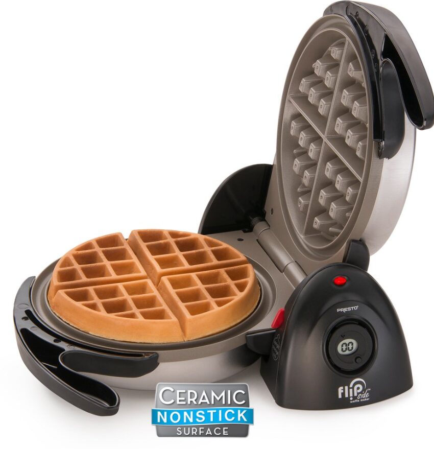 Presto Waffle Maker shown open with a cooked waffle inside 