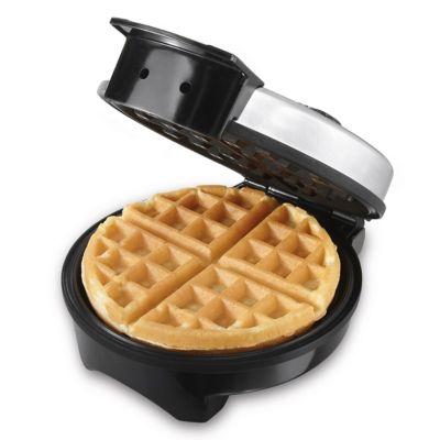 Oster Belgian Waffle Maker pictured partially open with a fully cooked waffle inside 