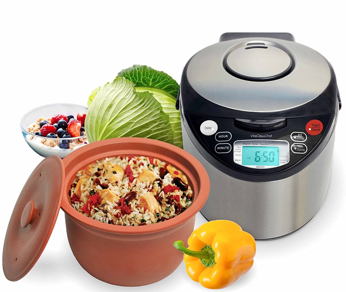 Smart Cooking with Vitaclay Organic Multi-Cooker - Safe & Non Toxic, pictured with a completed rice dish as well as assorted fruits and vegetables 