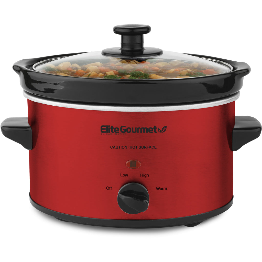 Elite Gourmet: Safe and Healthy Non-Toxic Slow Cooker pictured in red with a clear lid
