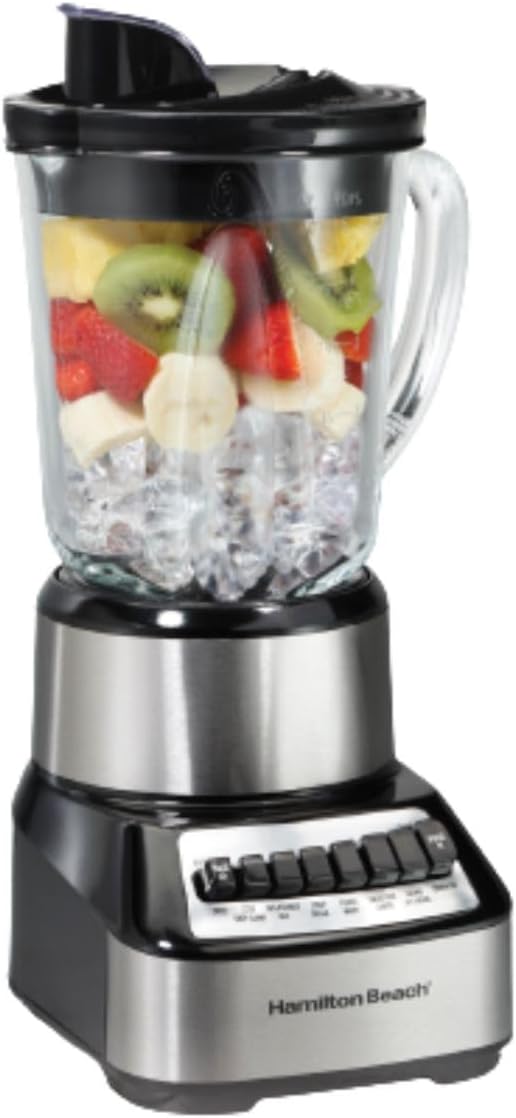 Hamilton Beach Non Toxic Blender shown with fruit and ice inside