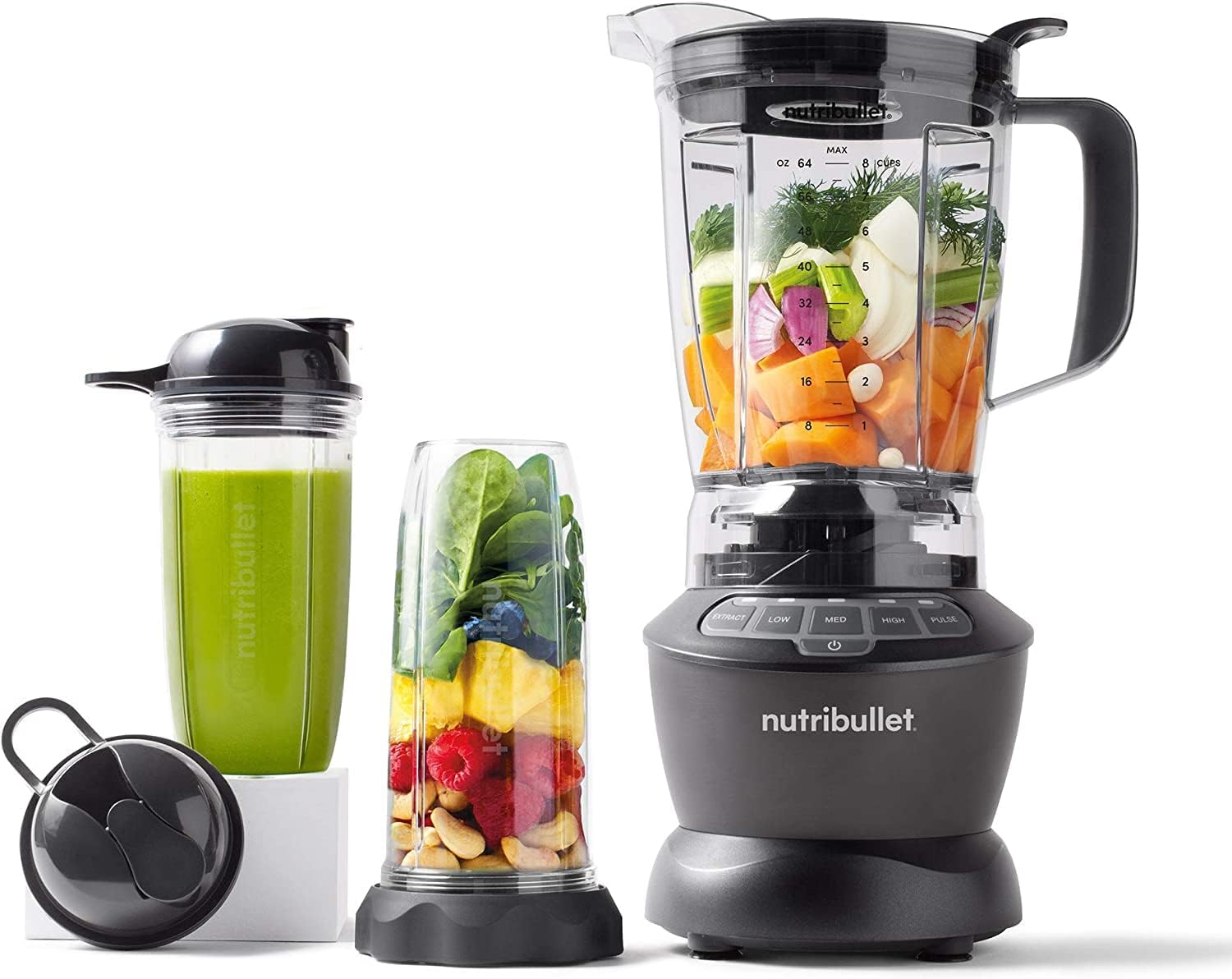 NutriBullet Non Toxic Blender shown with three different cups, filled with various fruits, vegetables, and smoothies 