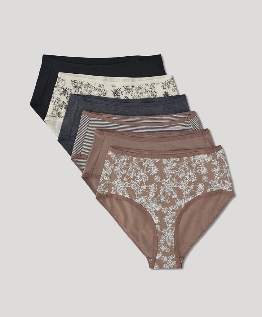 Pact Women's Organic Underwear shown in a variety of patterns and colors 