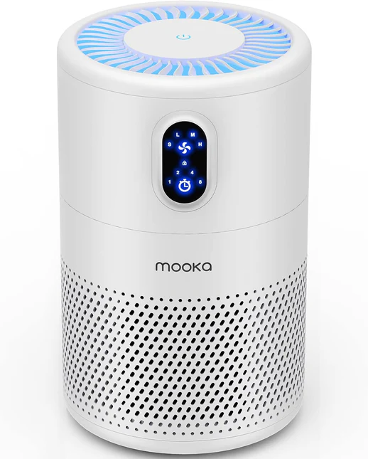 A white Mooka B-D02L HEPA air purifier with a black control panel on the front