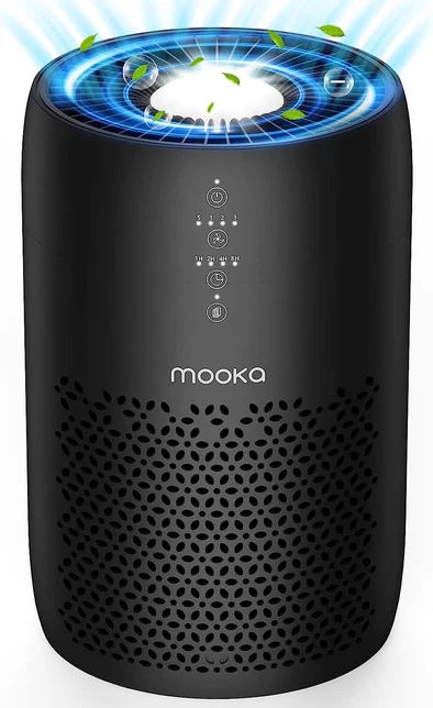 A black Mooka air purifier with buttons on the front