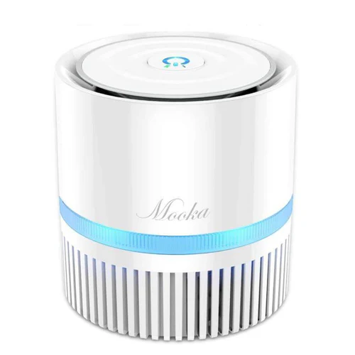 A small white Mooka EP1810 3-in-1 True HEPA air purifier with a blue accent