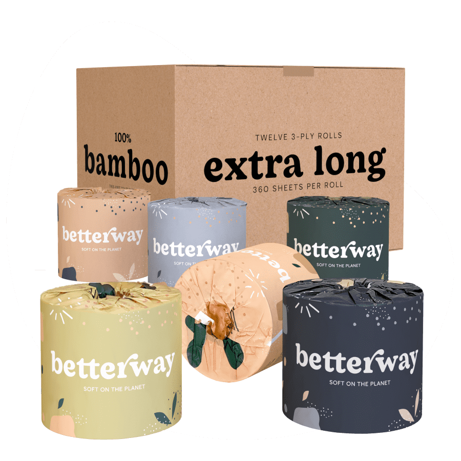 Enjoy the luxury of Premium Bamboo Double Rolls, six rolls shown in the paper packaging next to a delivery box 