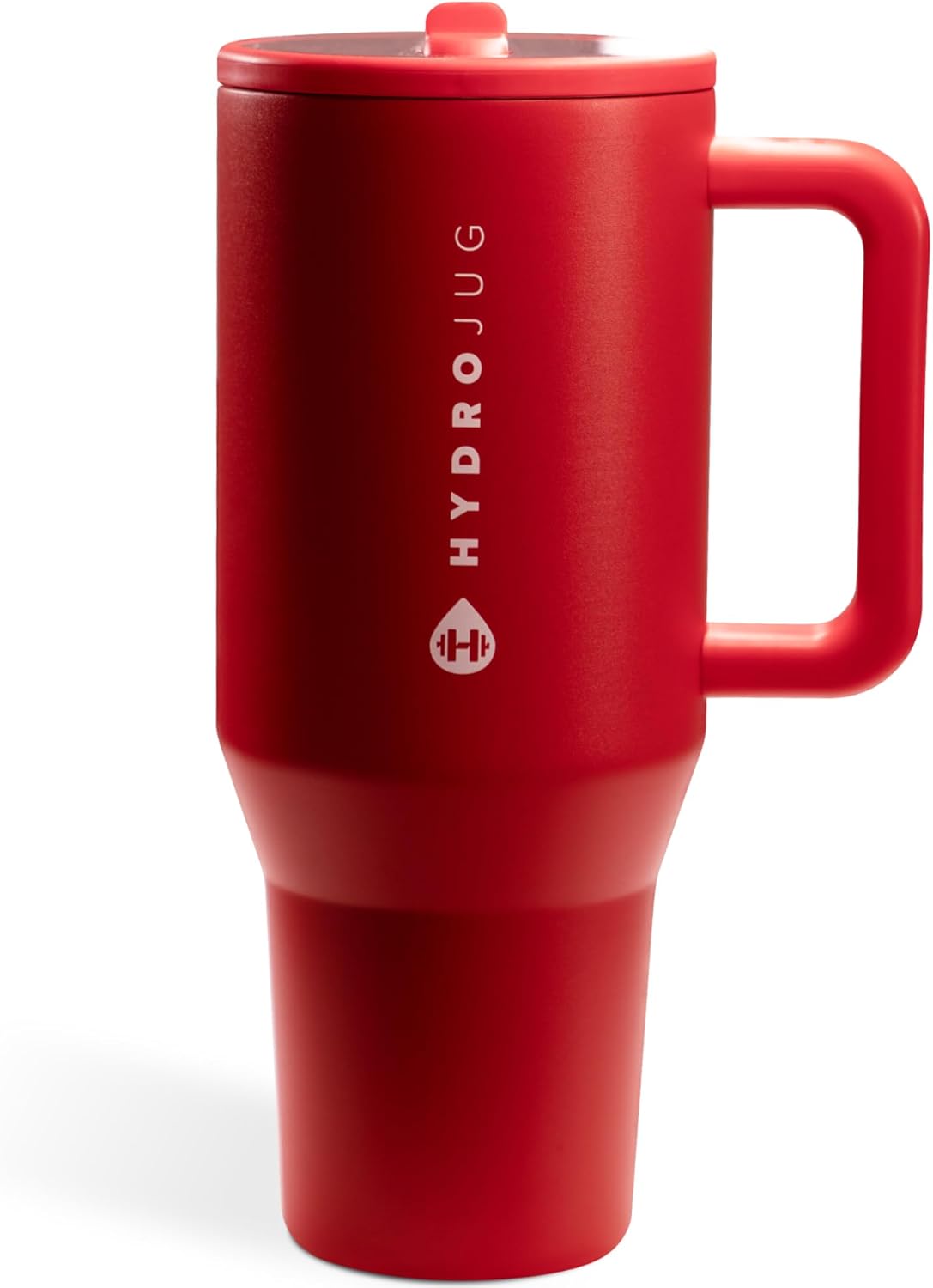 A red HydroJug Traveler Tumbler with a handle and a closed lid.