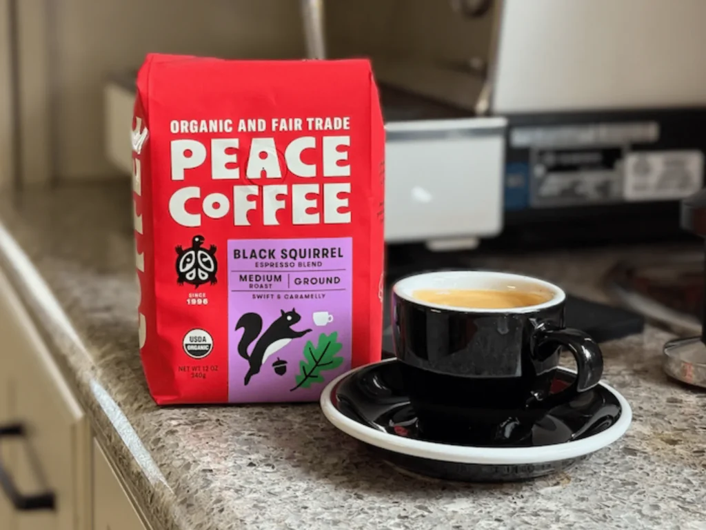 Peace Coffee Black Squirrel Espresso Blend: A smooth, low-acid blend with a gentle impact on the environment, supporting fair trade and organic practices.