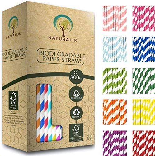 The 300-pack of multi-color extra durable paper straws is biodegradable and designed for juices, restaurants, and party decorations, measuring 7.7 inches in length.