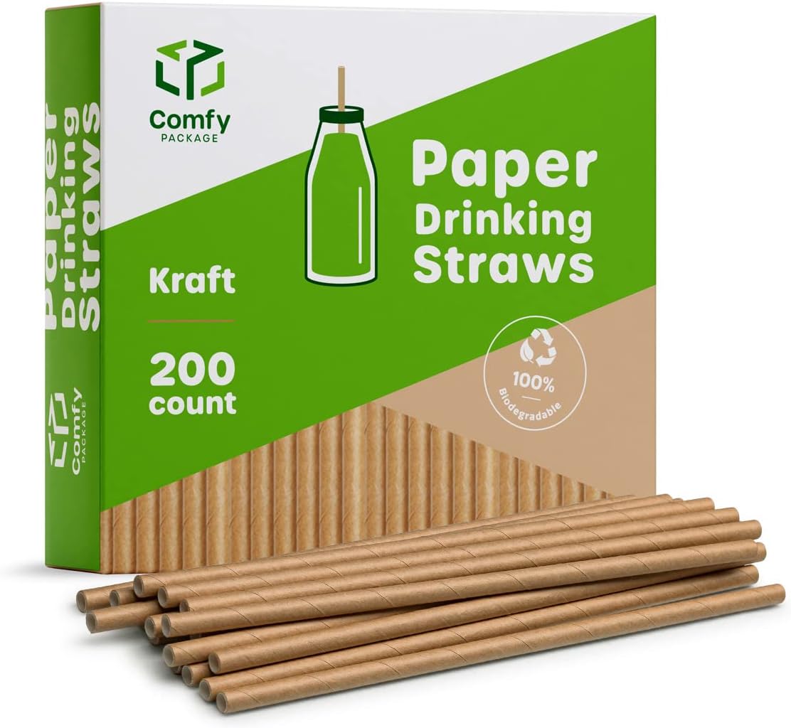 Comfy Package's Kraft Paper Drinking Straws (200 Pack) are completely biodegradable and free from ink.