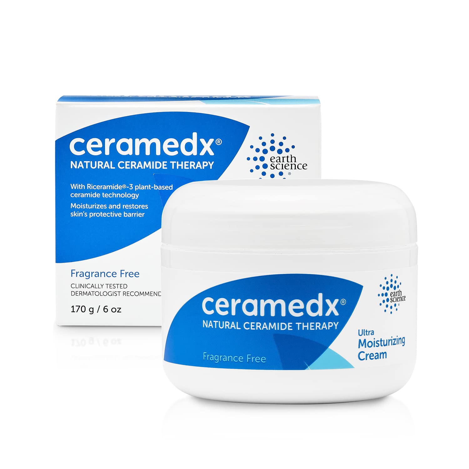 The blue-and-white box and tub of Ceramedx Natural Ceramide Therapy