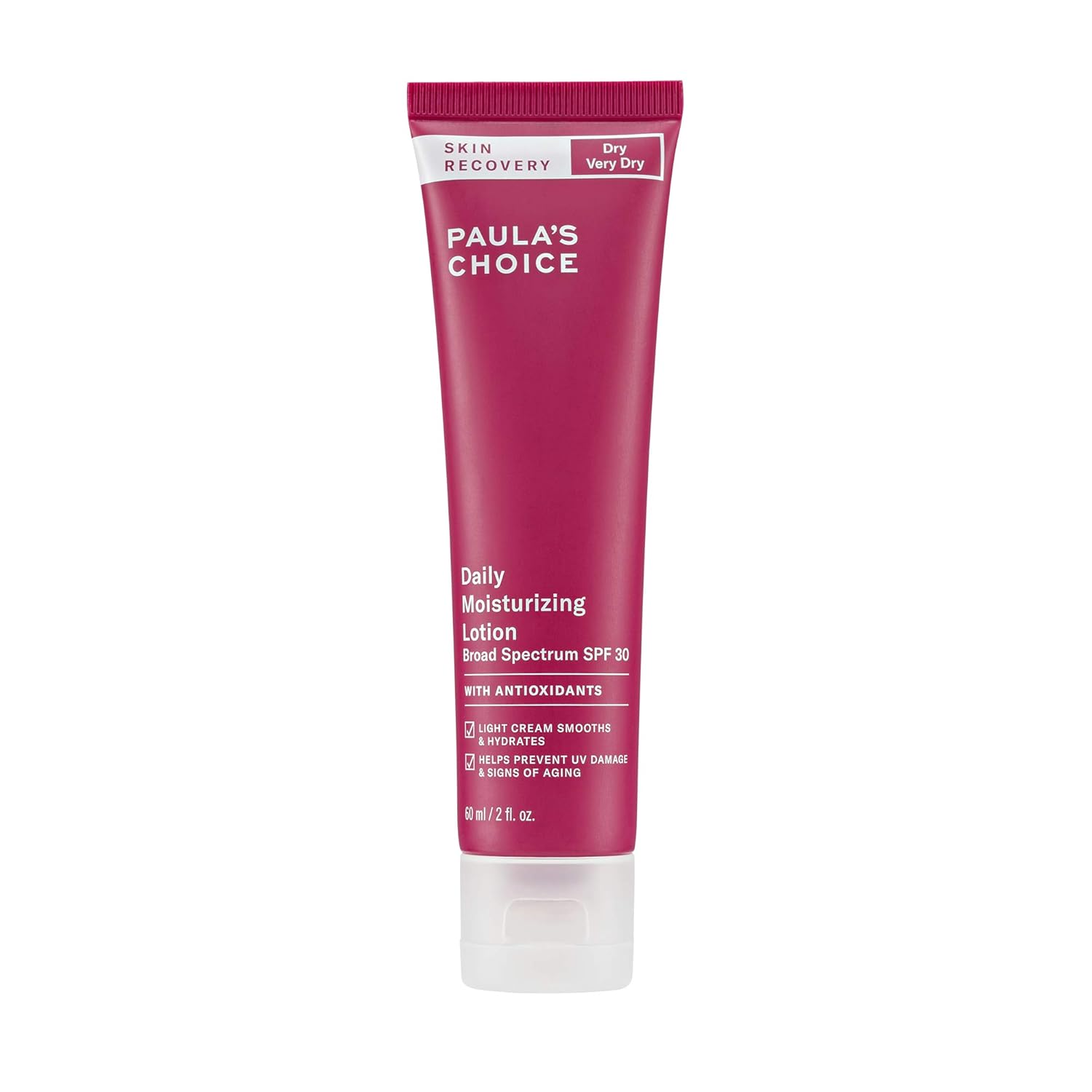 A 2-ounce red-purple bottle of moisturizing lotion with SPF 30 protection from Paula’s Choice