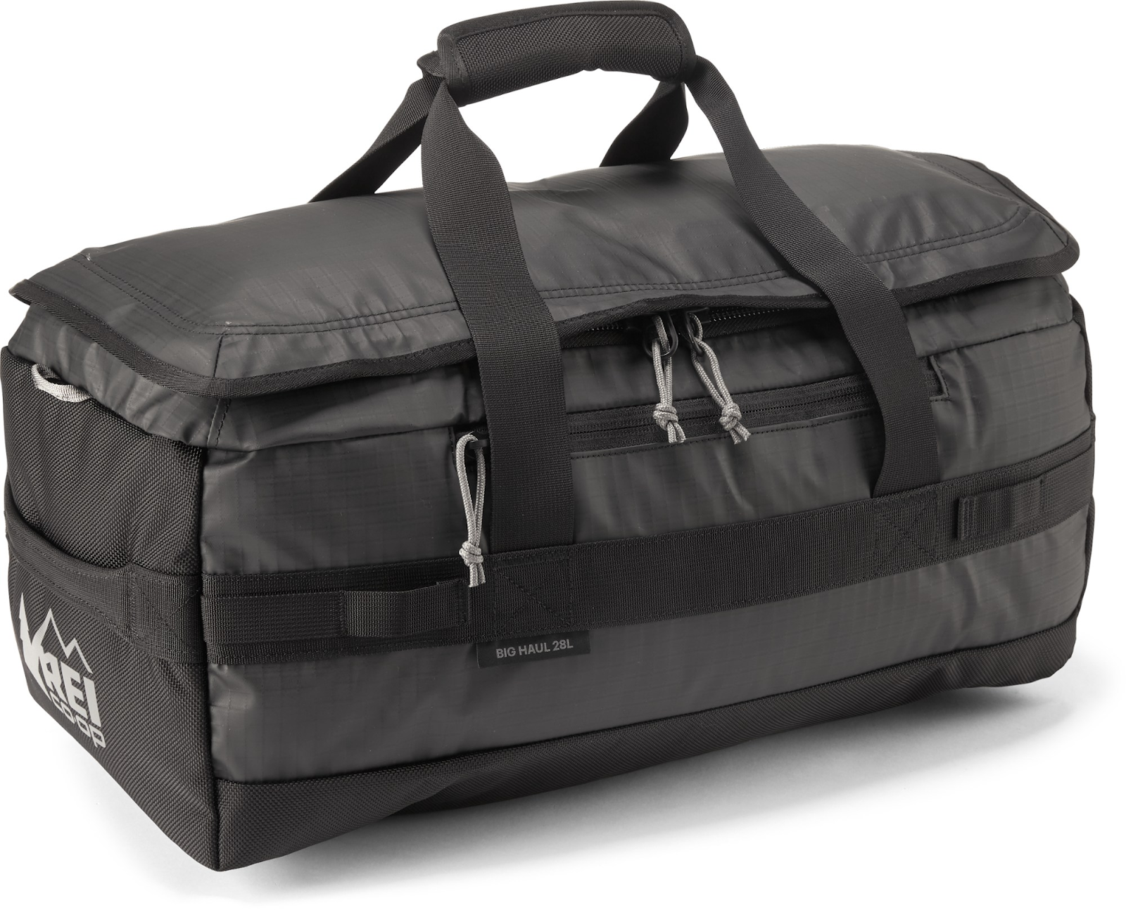 A stylish and practical black REI Big Haul 28 Recycled Duffel bag, featuring a removable shoulder strap and multiple compartments.