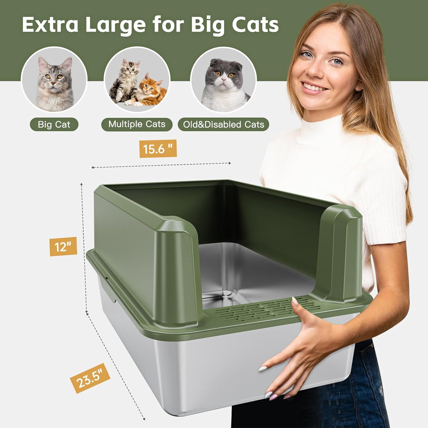 Suitfeel enclosed stainless steel litter box with sturdy splash guards, featuring a high-sided design, placed on a clean floor with litter inside.