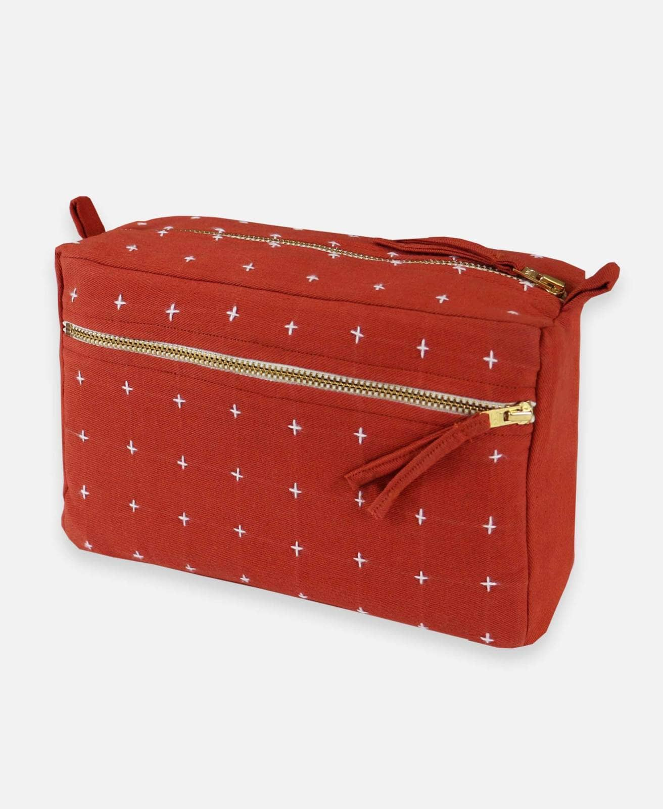 A beautifully crafted Made Trade (Anchal) Cross Stitch Medium Toiletry Bag with an exterior zipped pocket, ideal for travel.