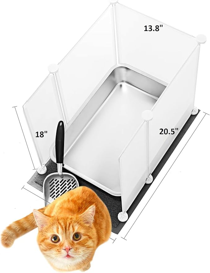 A sturdy MeexPaws medium stainless steel litter box with a three-sided splash guard and a metal scoop, placed on a clean surface with a litter mat.