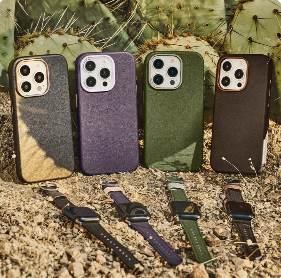 A line of four cactus leather phone cases and then four watch cases, each in the following colors: black, purple, green, and brown