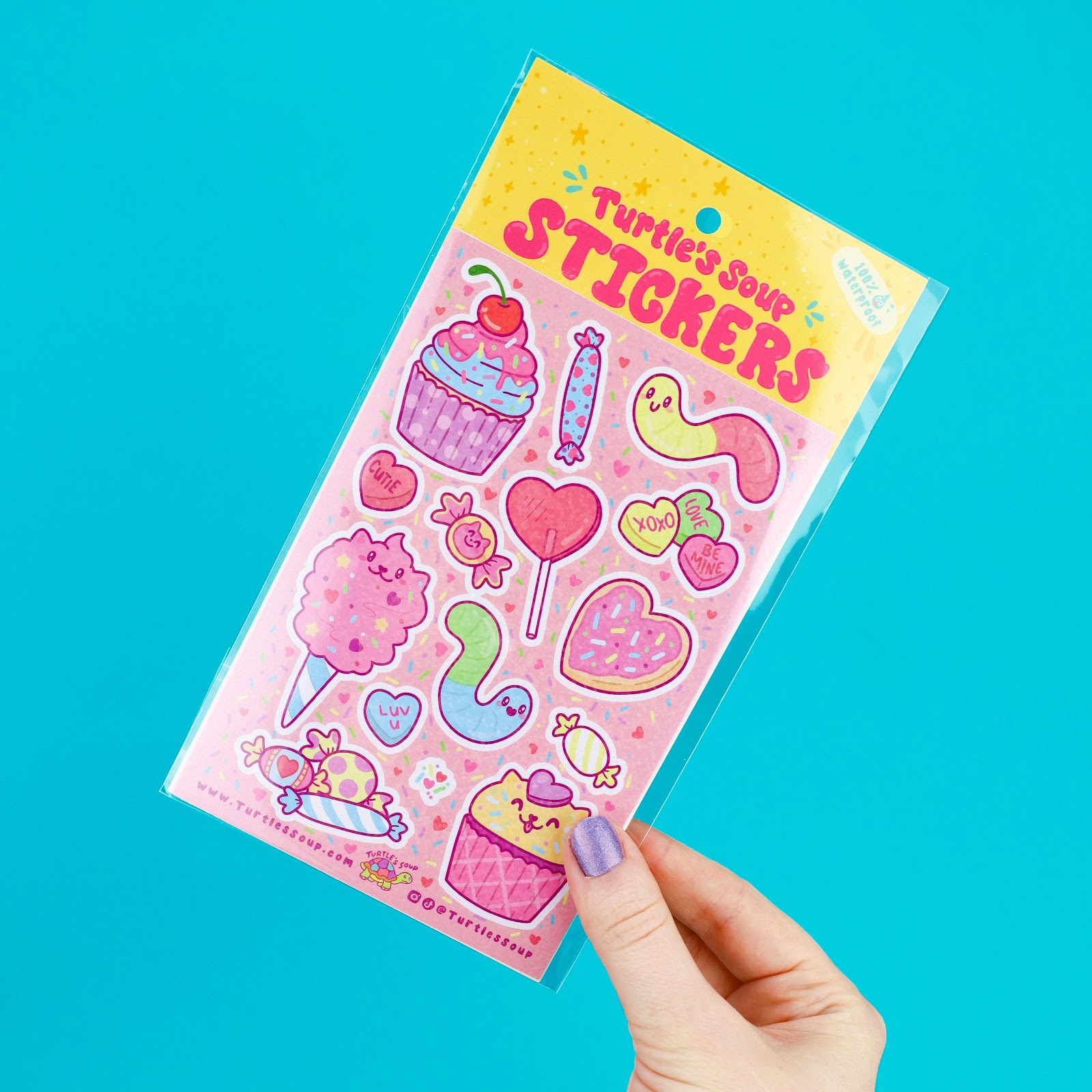 A sheet of high-quality stickers from Turtle’s Soup with sustainable heart stickers