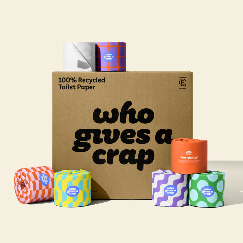 Who Gives a Crap recycled toilet paper with colorful packaging.