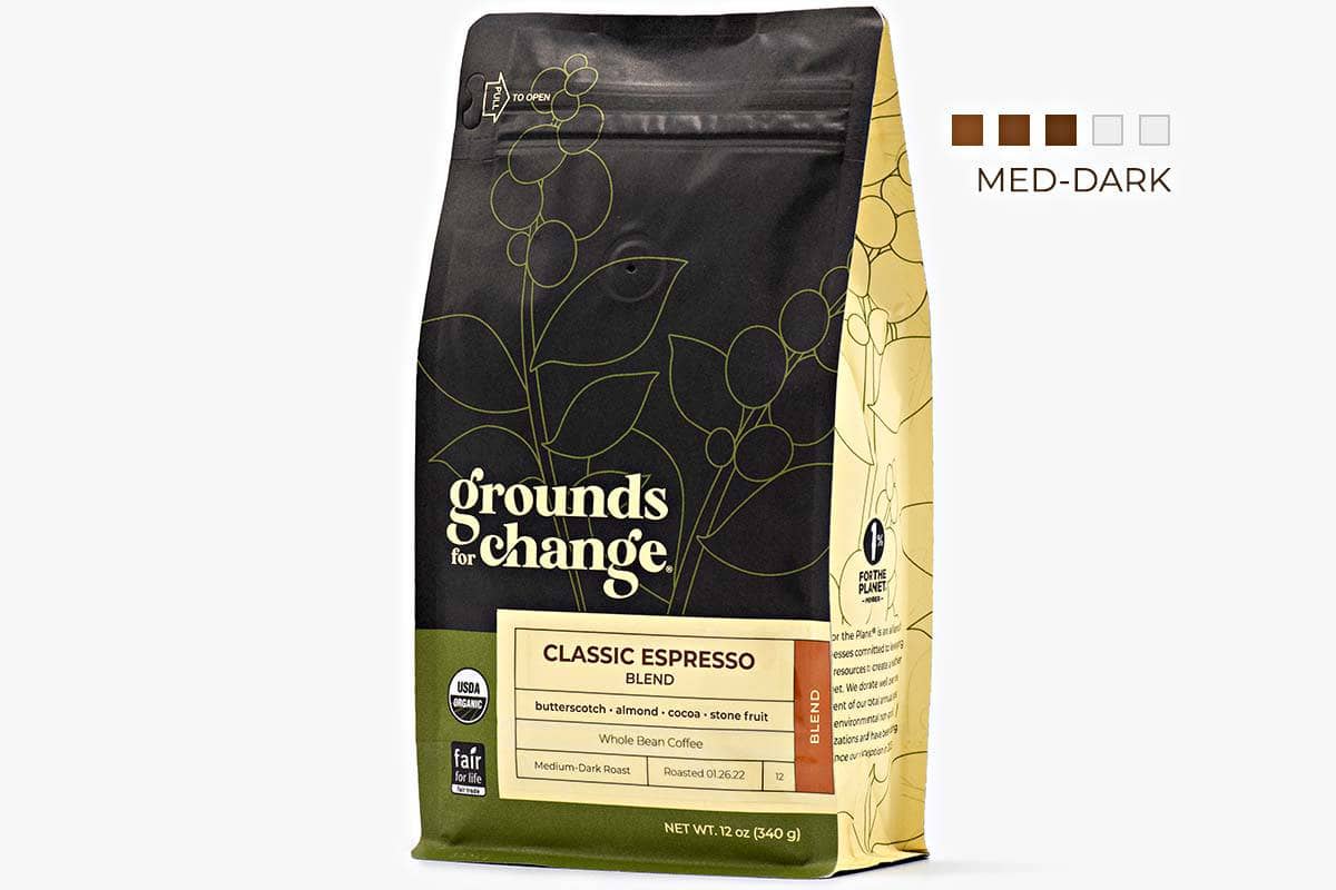 Grounds for Change Classic Espresso: A well-balanced blend with toasted almond, cocoa, and butterscotch notes, ethically sourced and freshly roasted.