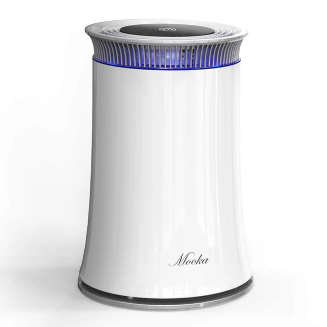 A white Mooka C10 True HEPA air purifier with a bluish-purple light on top