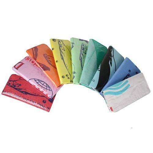 Recycled Feed Bag Wallet shown in a variety of colors 