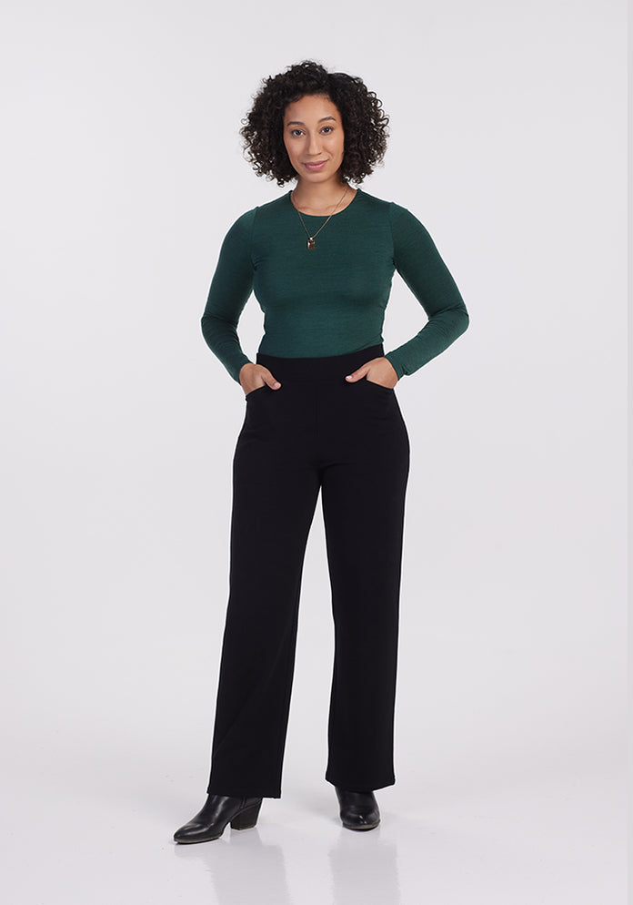 Stay chic and cozy with our Black Ellie Pants, perfect for cold weather and easily washable for convenience.