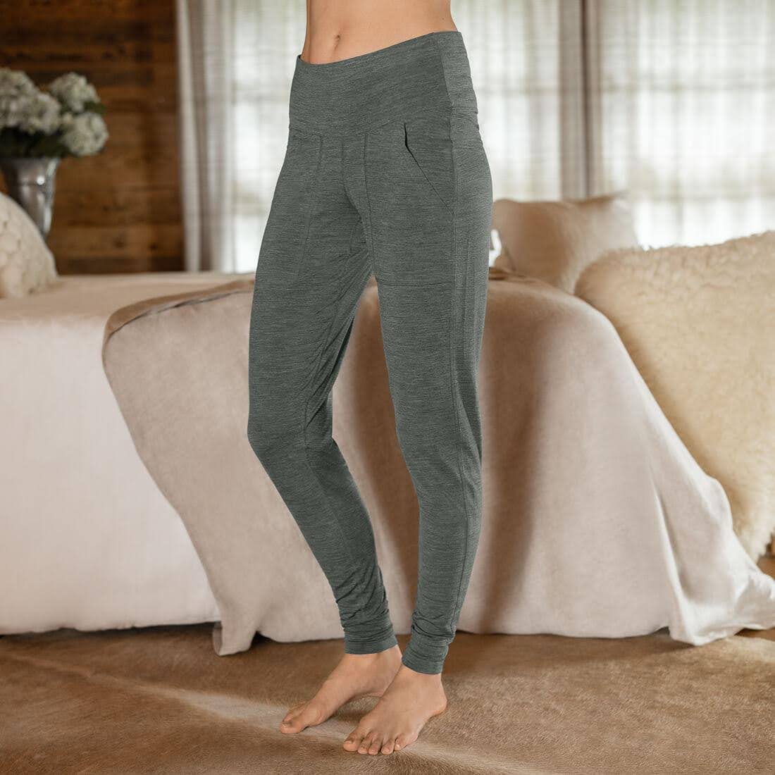 A woman wearing Dagsmejan eucalpytus pants
