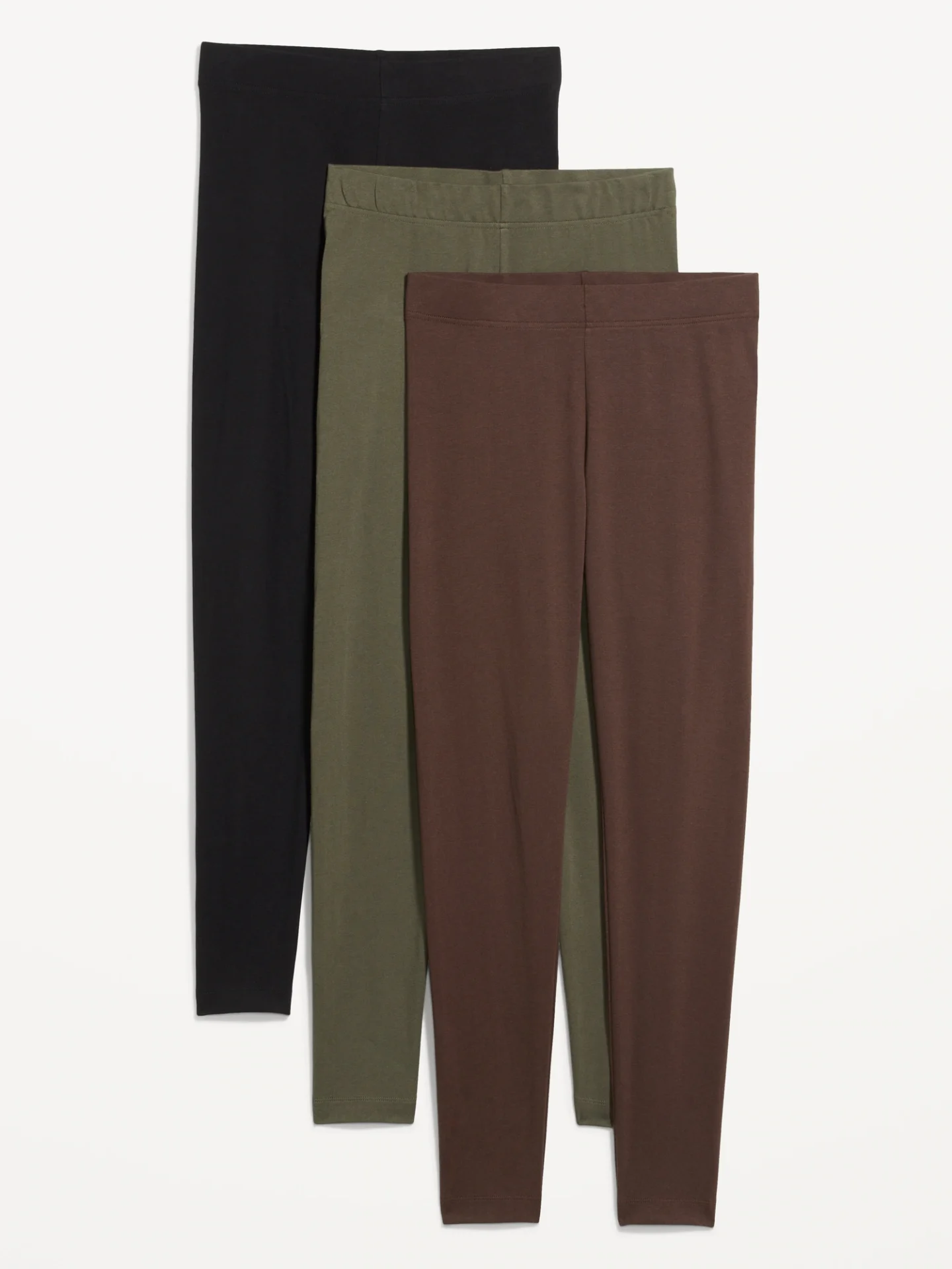 A 3 pack of cotton leggings from Gap in black, sage, and brown