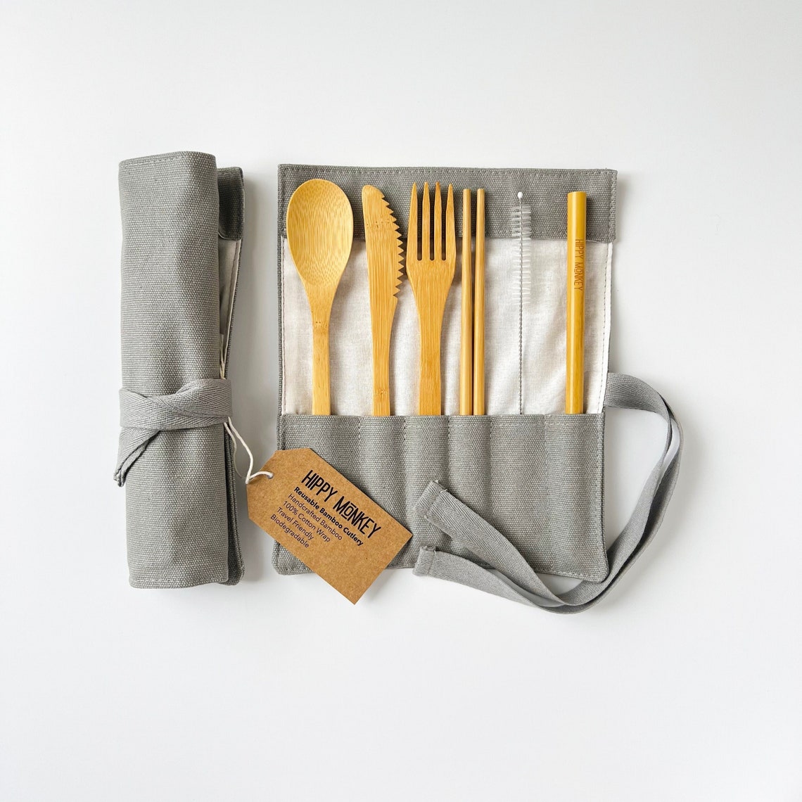 Gray Bamboo Cutlery Set: Eco-friendly utensils for travel or camping, promoting zero waste and sustainability. Ideal for Sustainable Corporate Gifts