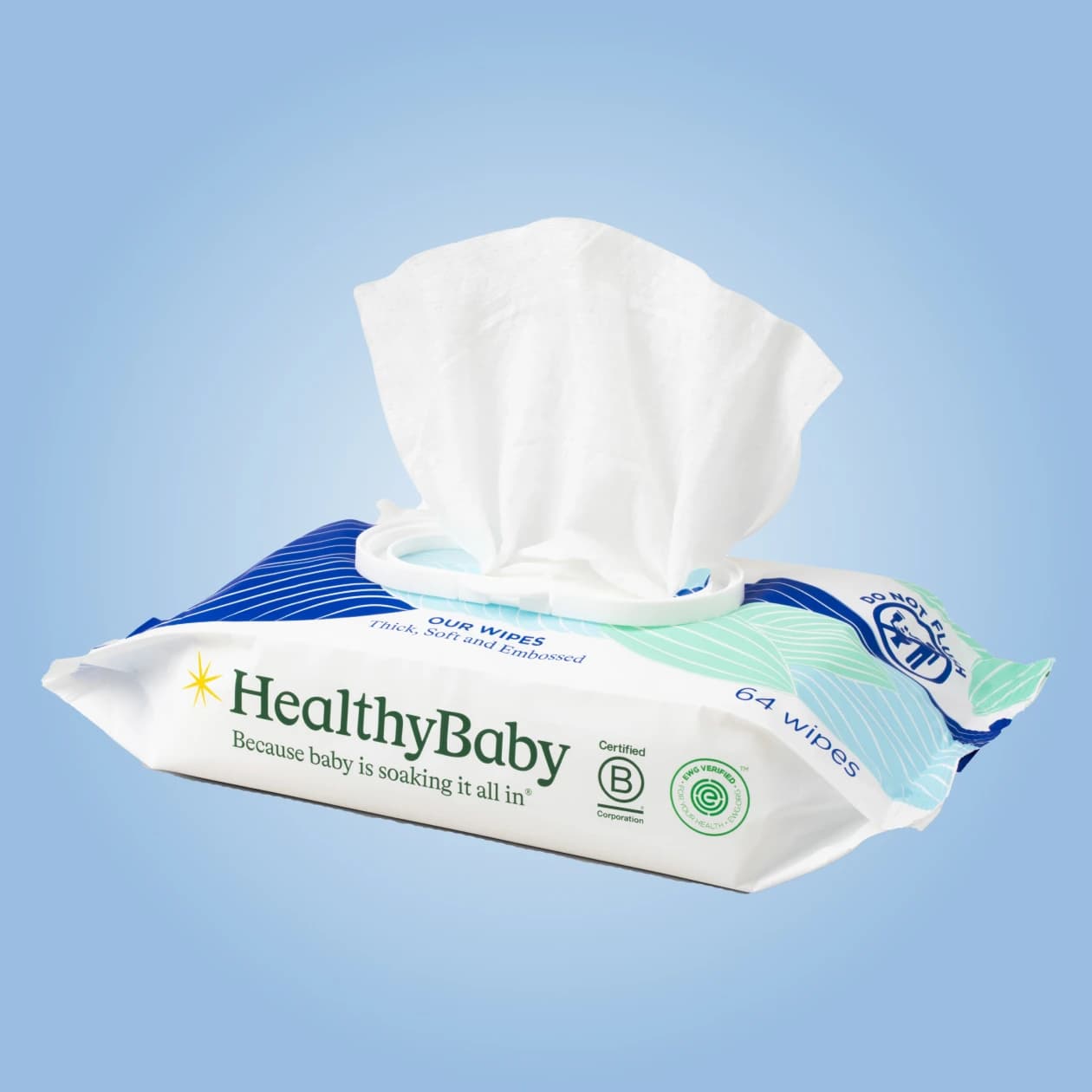 Hypoallergenic PFAS-free HealthyBaby wipes with organic aloe and vitamin E.