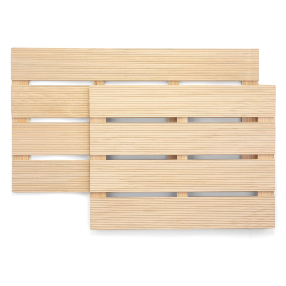 Elegant Hinoki wooden bath mat with slatted design for durability.