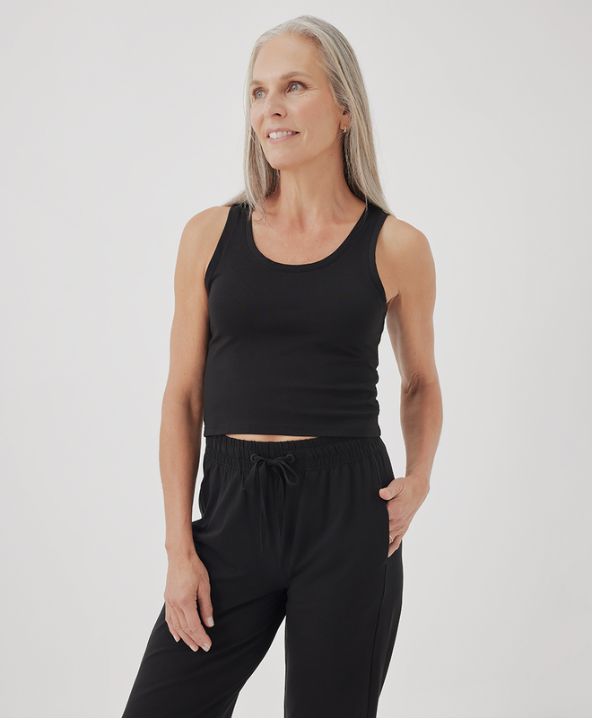 Stay cool and sustainable with Pact's Cool Stretch Cropped Lounge Tank—comfort and style, made from organic cotton.