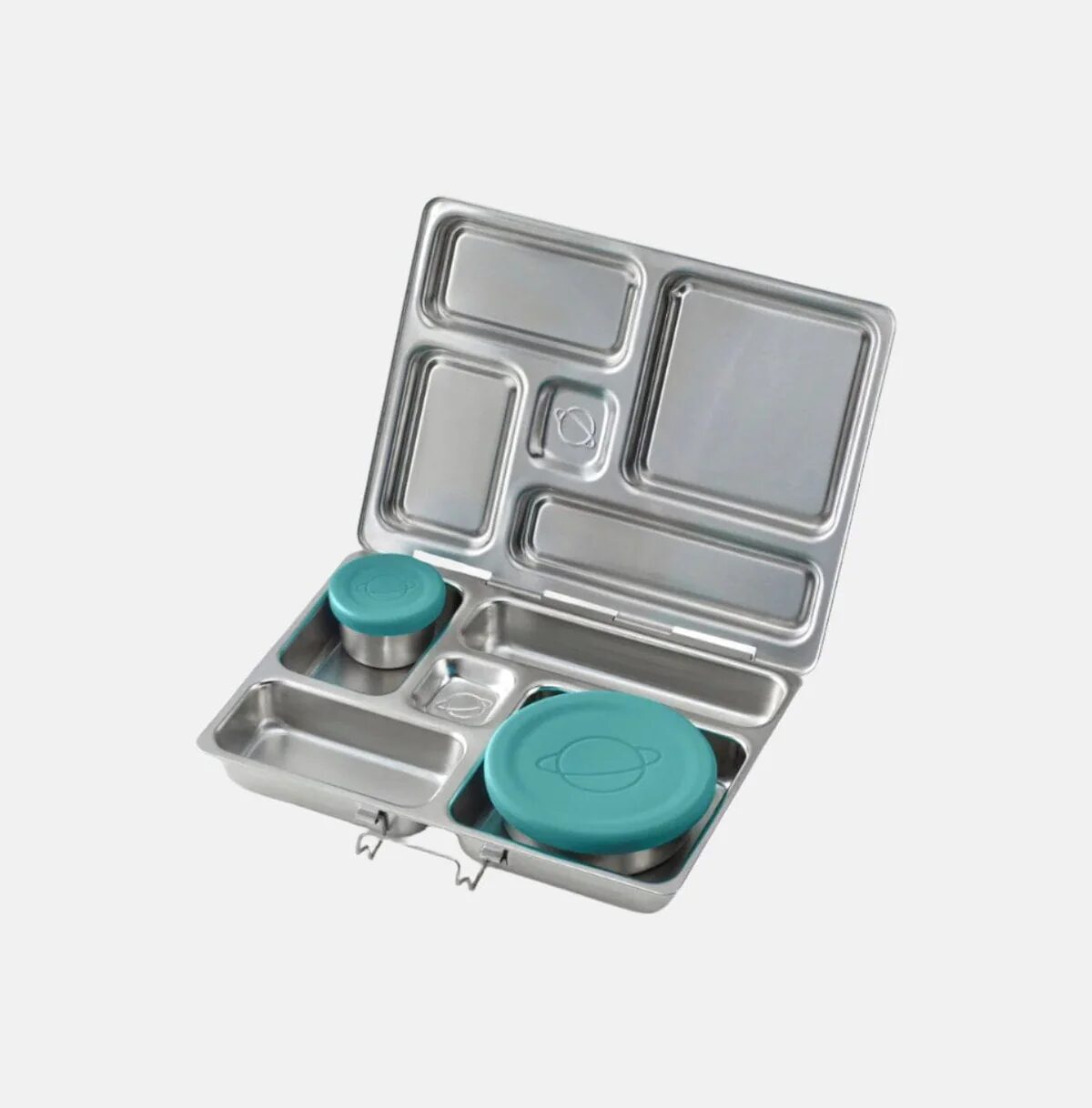 PlanetBox Rover stainless steel lunch box with teal containers.