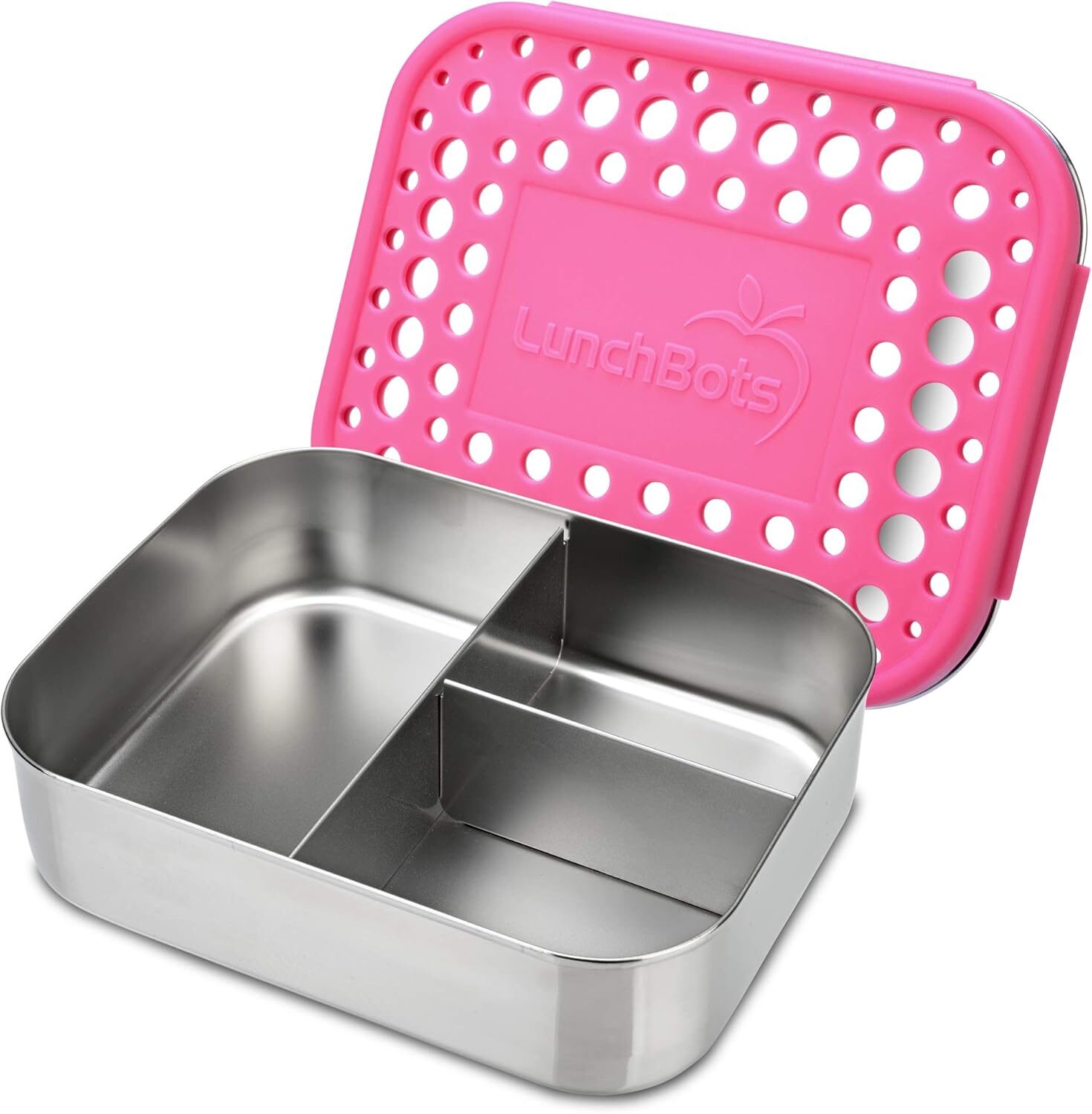 LunchBots stainless steel lunch box with pink lid open.