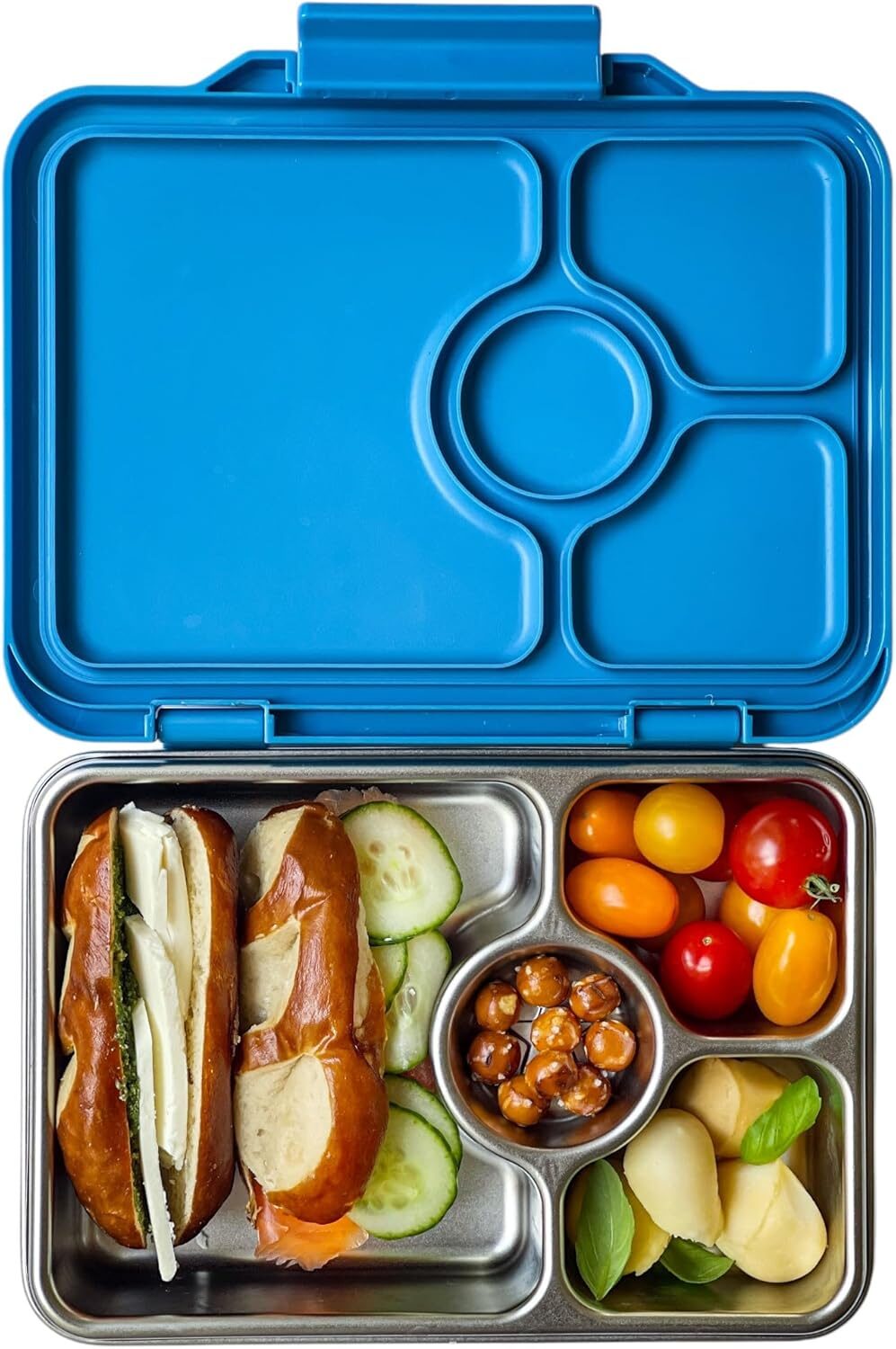 Yumbox Prêt stainless steel bento lunch box with food.