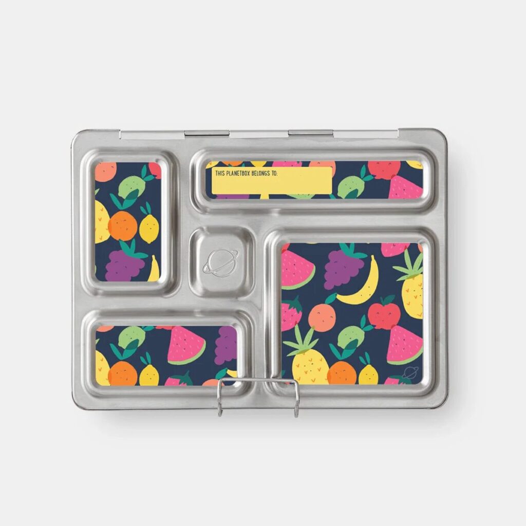 A colorful, stylish stainless steel lunch box with multiple compartments, perfect for packaging a balanced meal.